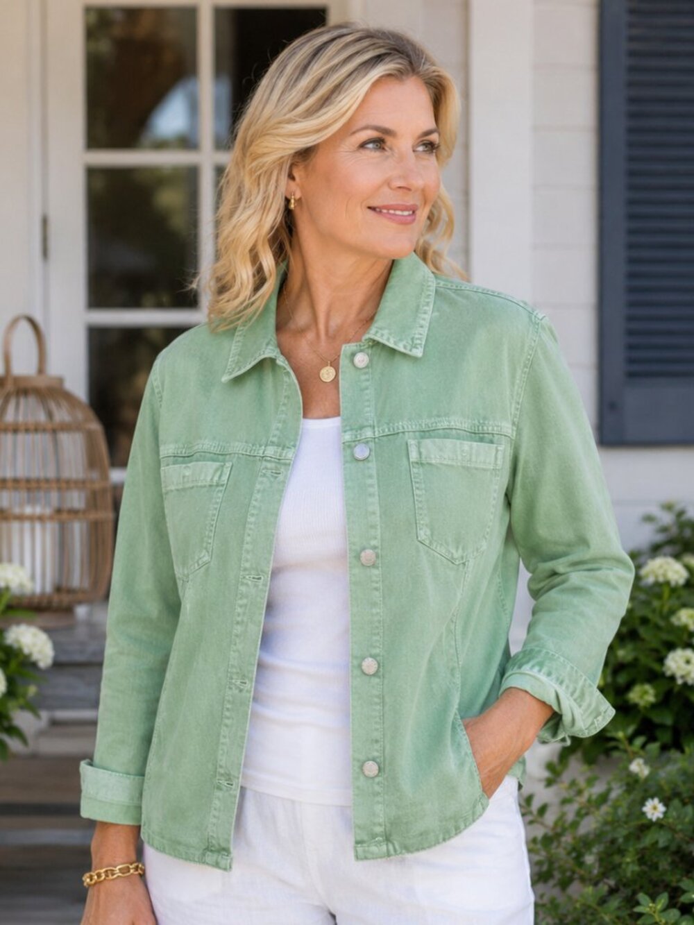 Women's Linen Blend Jacket M Mint Green Denim Style Coastal Summer Layer Jacket